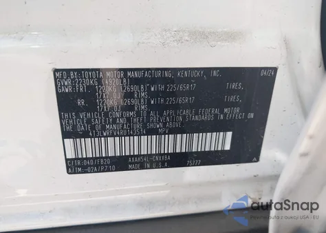 2024 Toyota Rav4 Hybrid Le из США, поврежденный, VIN 4T3LWRFV4RU143514